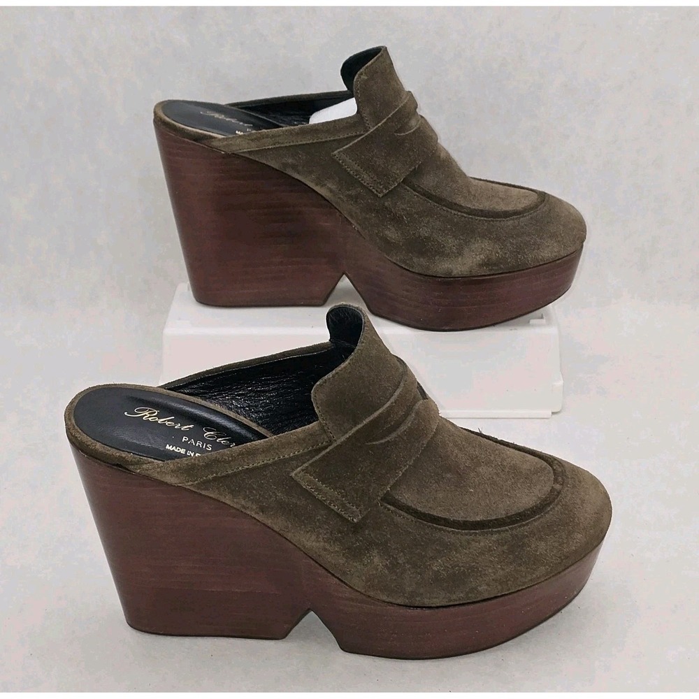 Robert Clergerie Olive Green Damor Suede Leather Platform Wooded Wedge Clogs 39 - Picture 4 of 11